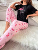 Women's Flamingo & Slogan Print Casual Pajama Set, Short Sleeve Round Neck Top & Pants, Comfortable Relaxed Fit