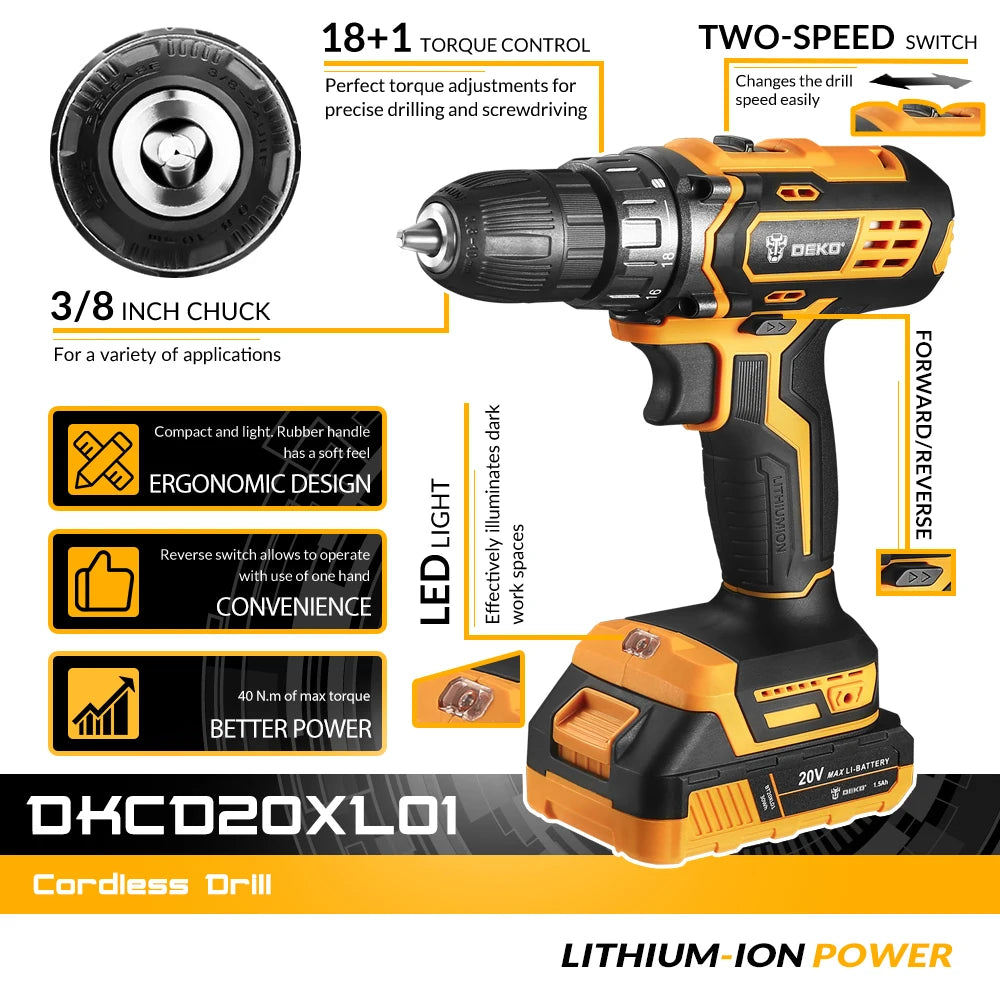 DEKO 20V Cordless Drill – Rechargeable 2-Speed Electric Screwdriver with Lithium Battery for Household Use