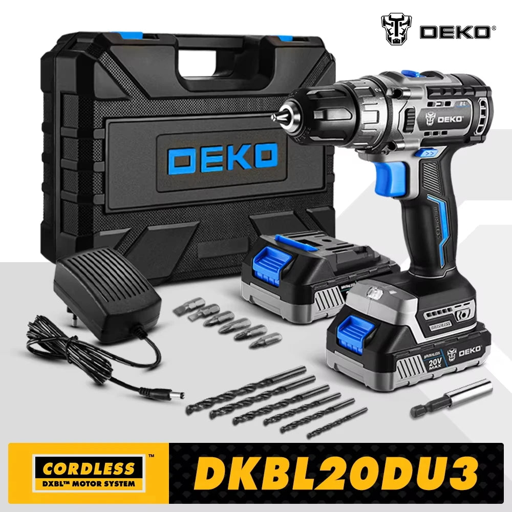 DEKO 20V Brushless Cordless Drill Combo – 2-Speed Mini Power Tool for Woodworking
