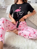 Women's Flamingo & Slogan Print Casual Pajama Set, Short Sleeve Round Neck Top & Pants, Comfortable Relaxed Fit
