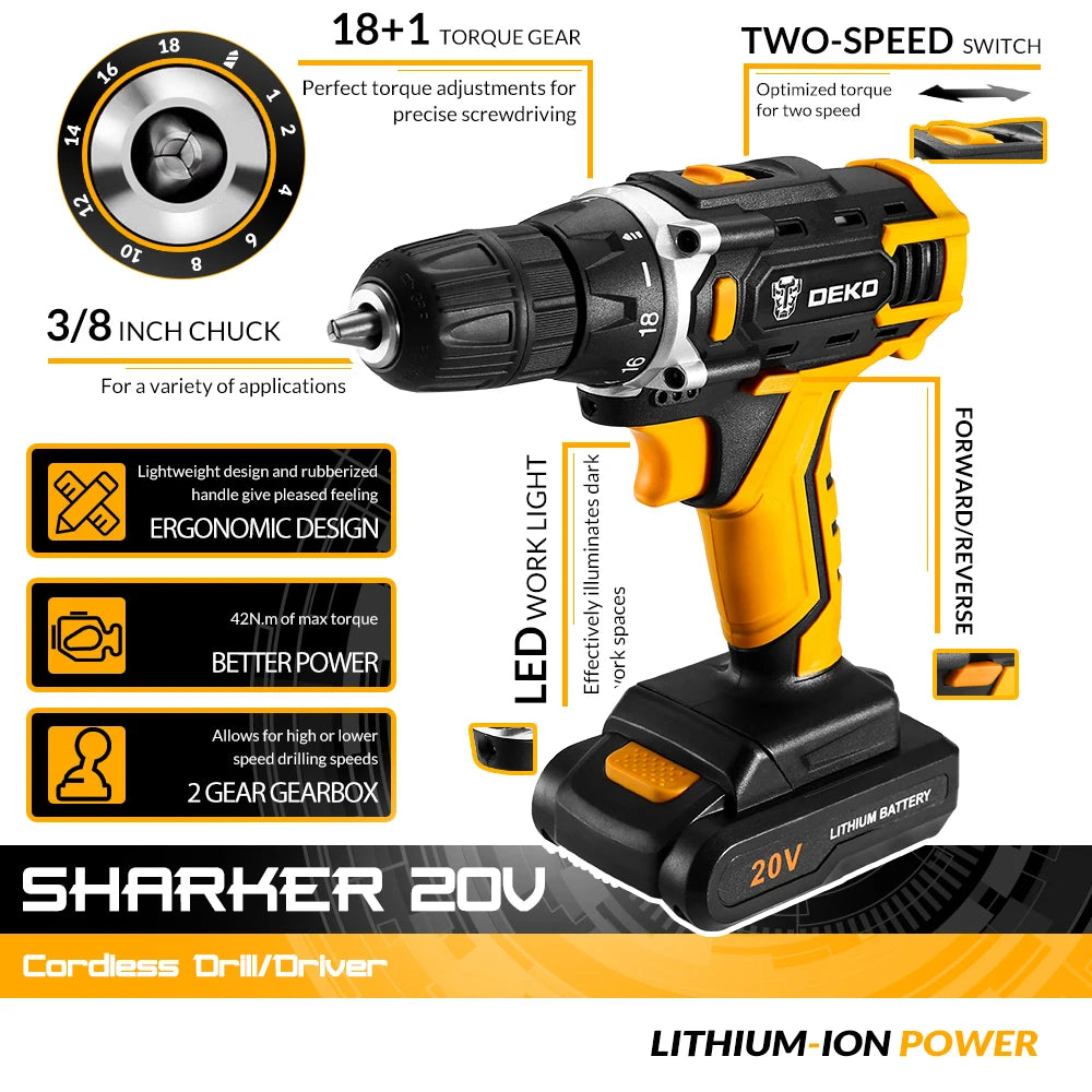 DEKO 20V Cordless Drill – Rechargeable 2-Speed Electric Screwdriver with Lithium Battery for Household Use
