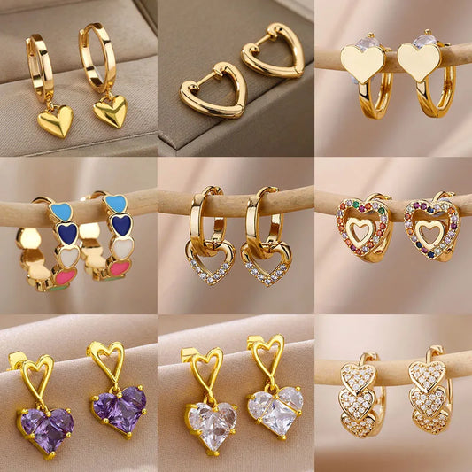 Hollow Zircon Heart Earrings for Women - Luxury Stainless Steel Geometric Jewelry Gift