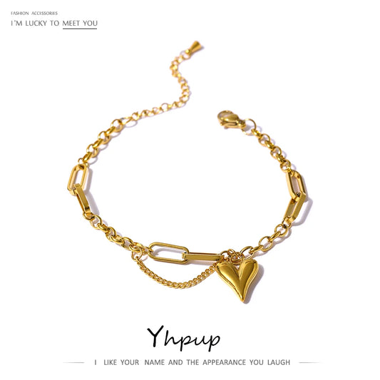 Yhpup Trendy Heart Double Layered Bracelet - Stylish Stainless Steel Charm Jewelry for Women