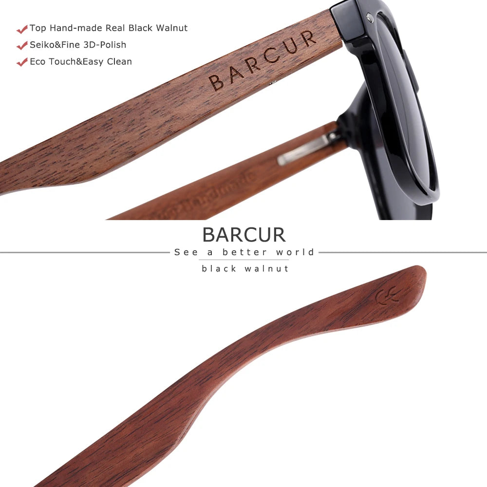 BARCUR Black Walnut Polarized Sunglasses – UV400 Wooden Unisex Shades with Original Box