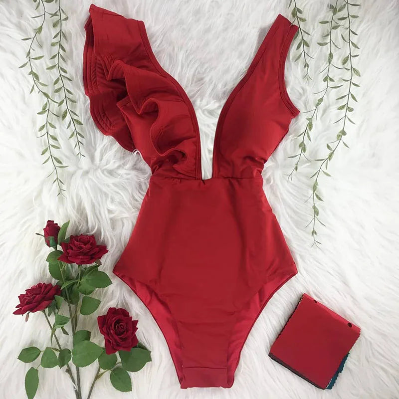 Ruffle One-Piece Swimsuit – Floral Deep V-Neck Push-Up Monokini Beachwear for Women