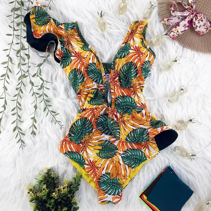 Ruffle One-Piece Swimsuit – Floral Deep V-Neck Push-Up Monokini Beachwear for Women