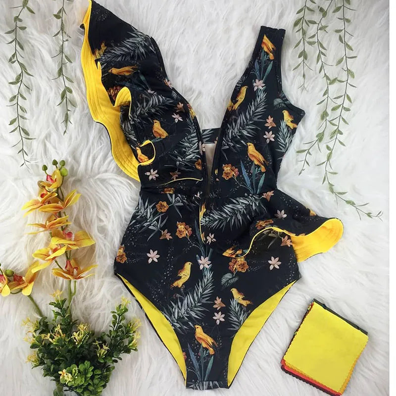 Ruffle One-Piece Swimsuit – Floral Deep V-Neck Push-Up Monokini Beachwear for Women