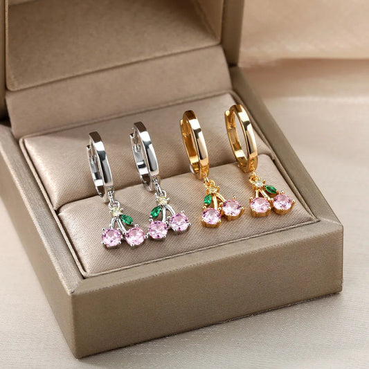 Crystal Fruit Cherry Drop Earrings for Women - Stainless Steel Pink Cherry Earrings - Boho Fairy Fashion Jewelry Gift