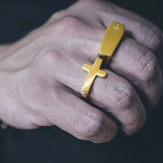 Punk Men Cross Shaped Ring – Stylish Waterproof Stainless Steel Ring in Silver, Black, and Gold Colors