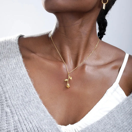 Rose Flower Pendant Necklace - Stainless Steel Long Chain Collier - Pink Rose Statement Necklace for Women - Perfect Valentine Gift
