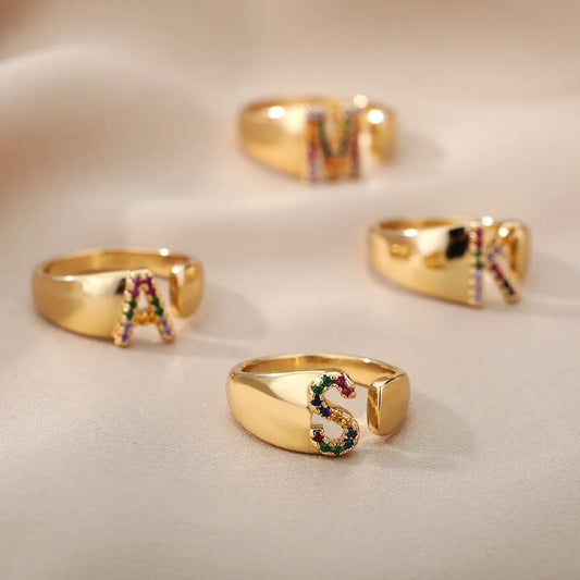 Rainbow Zircon Letter Rings - Stylish A-Z Chunky Wide Stainless Steel Jewelry for Women