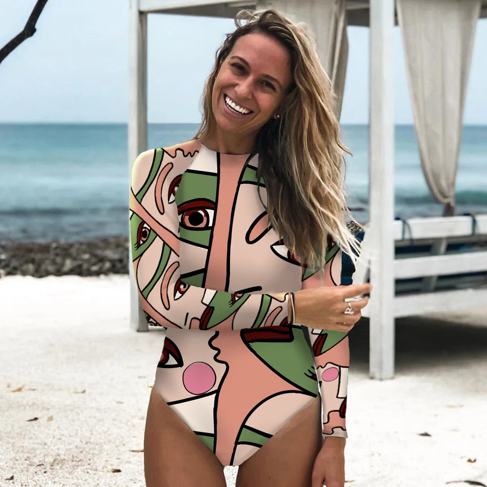 Tropical Luxe Long-Sleeve Surf Swimsuit - Floral Patchwork Beachwear for Women