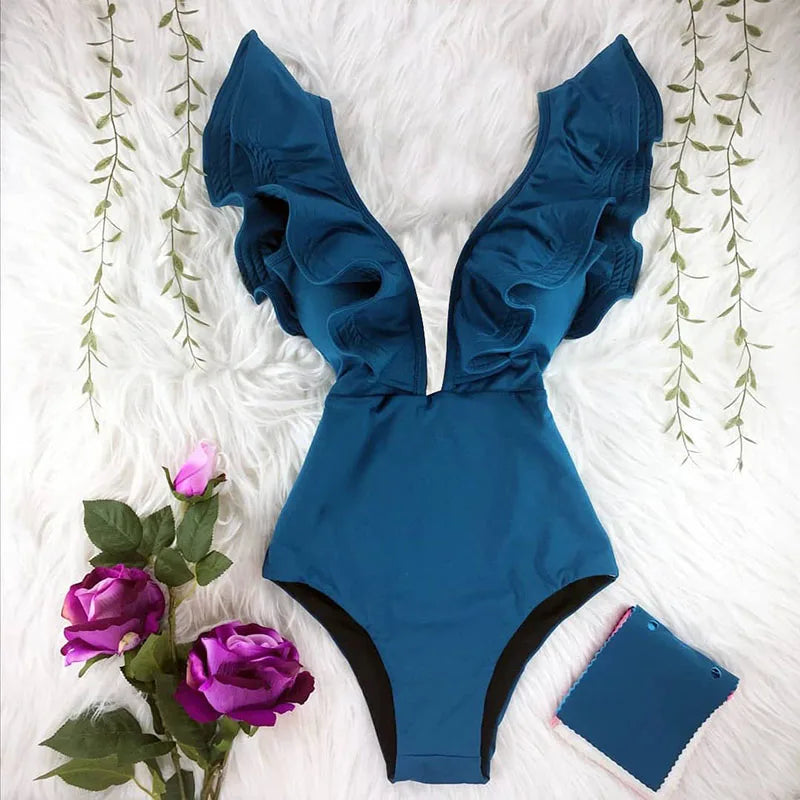 Ruffle One-Piece Swimsuit – Floral Deep V-Neck Push-Up Monokini Beachwear for Women