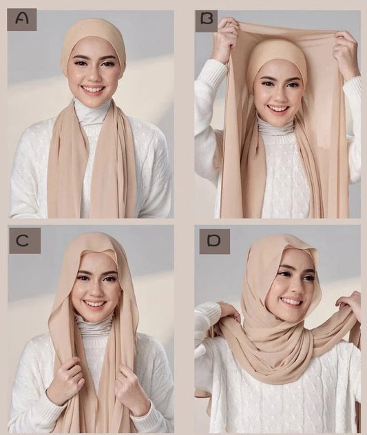Women Muslim Chiffon Hijab with Cap Bonnet - Instant Scarf Headwrap