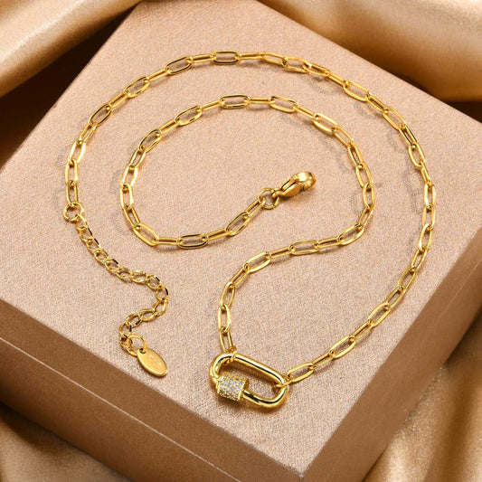 Pave Zircon Pin Pendant Necklace for Women - Adjustable Stainless Steel Paperclip Chain Wholesale Jewelry