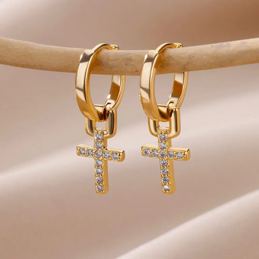 Zircon Cross Dangle Earrings for Women – Trendy Stainless Steel Wedding Jewelry
