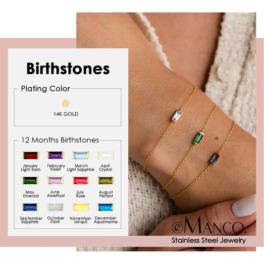 eManco Fashion Jewelry Stainless Steel 7*3MM Square Birthstone Bracelet with Sparkling Rhinestones