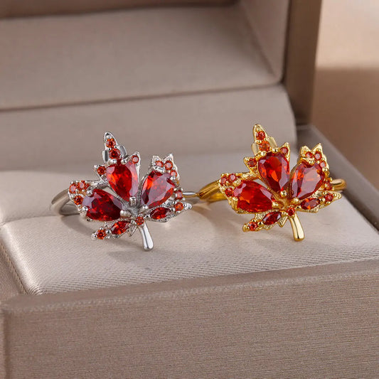 Zircon Maple Leaf Ring for Women - Gold Color Stainless Steel Fashion Jewelry