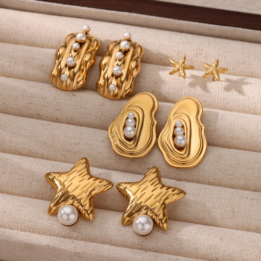 Vintage Pearl Starfish Stainless Steel Stud Earrings - Ocean-Inspired Jewelry for Women