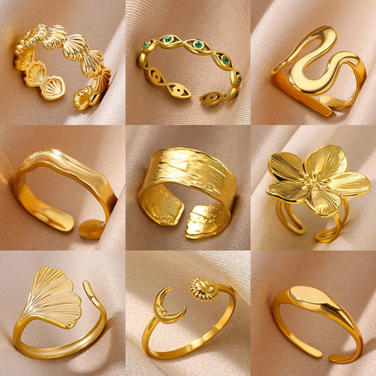 Minimalist Texture Stainless Steel Geometric Rings for Women - Gold Color Opening Couple Ring for Aesthetic Weddings and Christmas Jewelry