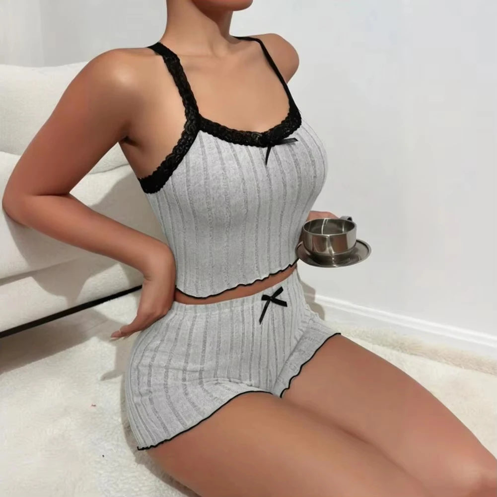 Pajama Suit Suspender Shorts with Sexy Bow Print