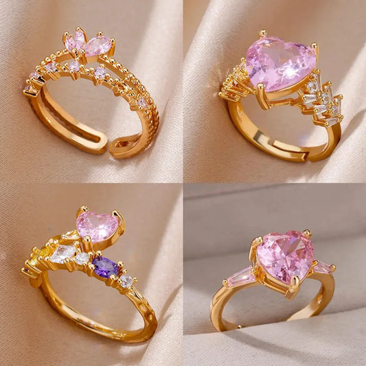 Pink Zircon Heart Rings for Women - Adjustable Gold Plated Stainless Steel Ring - 2025 Trend Wedding Aesthetic Jewelry Gift