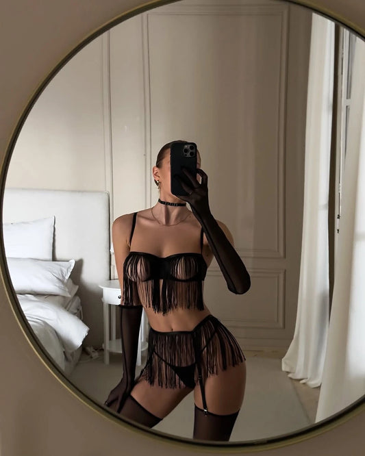 Tassel Porn Erotic Lingerie 8-Piece Transparent Ultra Sexy Adult Costume with Garter Outfit
