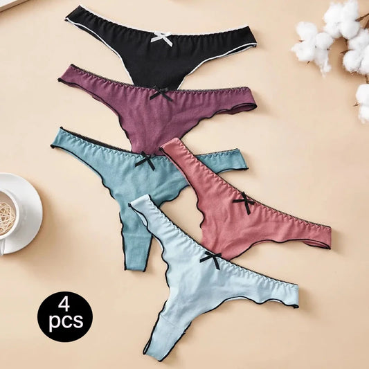 4-Piece Women's Cotton Solid Color Thong Set - Sexy & Comfortable Low-Waist Underwear