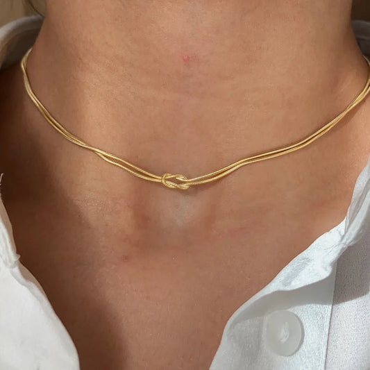 eManco Elegant Minimalist Jewelry: 14k Gold Plated Knotted Snake Chain Necklace for Women
