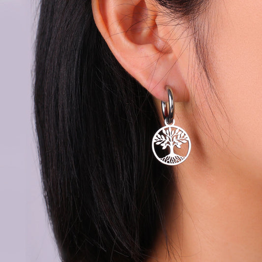 Skyrim Tree of Life Pendant Drop Earrings - Gold Color Stainless Steel Hoop Earrings - Vintage Amulet Jewelry for New Year & Valentine
