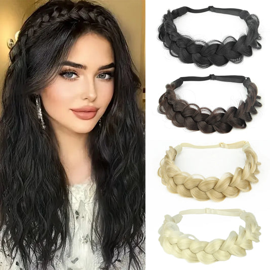 Synthetic 16-Inch Black Braided Headband with Elastic Band for Women