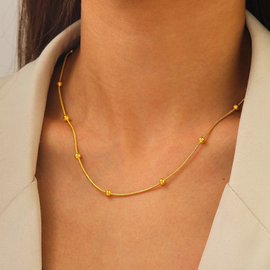 Vintage Fashion Stainless Steel Necklace with Small Round Beads and Bamboo Chain for Women