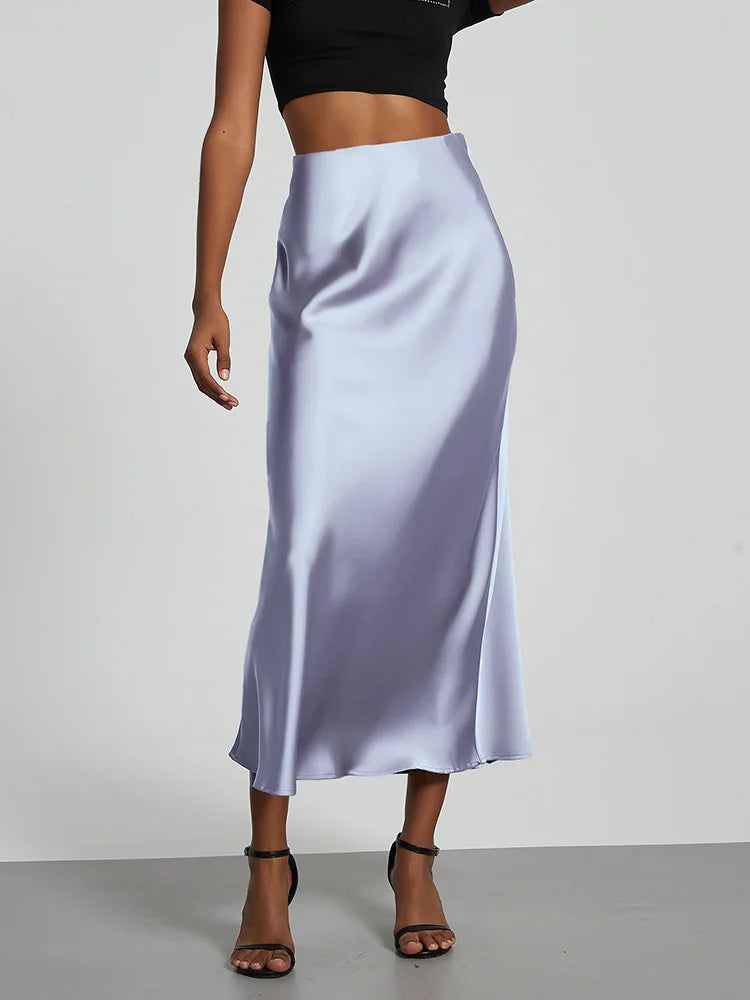 Chic Satin Fishtail Skirt - High Waist Solid Color Summer Fashion for Women