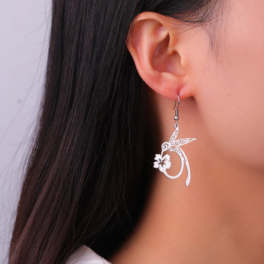 Skyrim Hummingbird Flower Pendant Drop Earrings – Stainless Steel Gold Color Women's Earrings