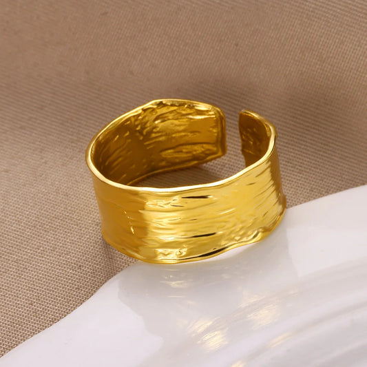 Minimalist Texture Stainless Steel Geometric Rings for Women - Gold Color Opening Couple Ring for Aesthetic Weddings and Christmas Jewelry