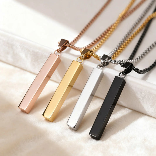 Waterproof Stainless Steel Rectangle Bar Pendant Necklace for Men and Women