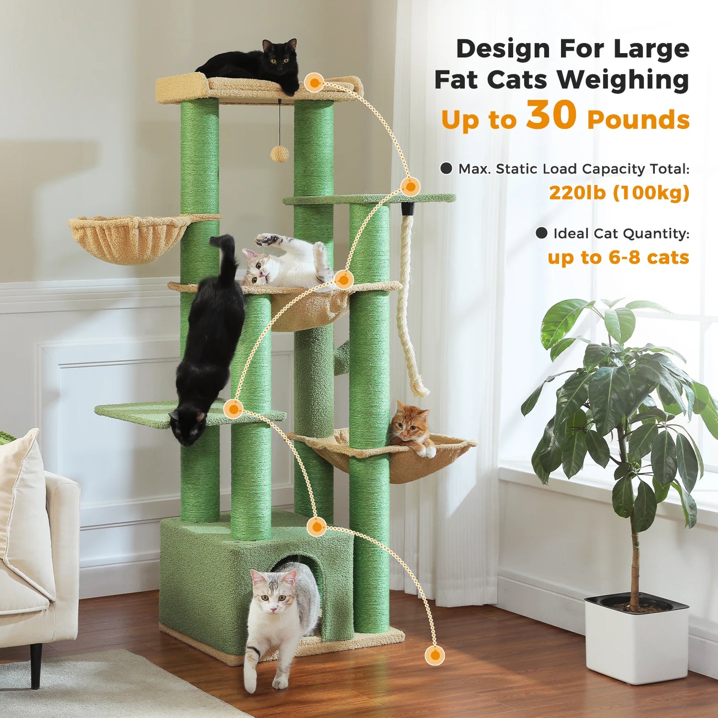 Big Cat Tree for Large Cats - Multi-Level Robust Cat Tower with Hammock and 11 Sisal Posts