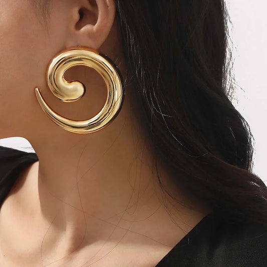 Vintage Metal Irregular Smooth Spiral Stud Earrings – Exaggerated Gold Color Geometric Hollow Large Earrings for Women