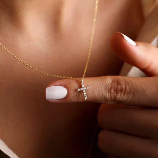 Danity Cubic Zirconia Cross Pendant Necklace for Women - Adjustable Stainless Steel Chain