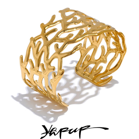 Yhpup Statement Stainless Steel Twig Geometric Hollow Wide Cuff Big Bracelet Bangle for Women - Waterproof Large Jewelry