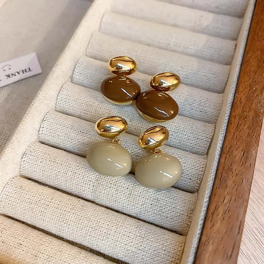 Vintage Metal Enamel Dripping Oil Oval Dangle Earrings for Women - Elegant Coffee Color, Two Ways to Wear