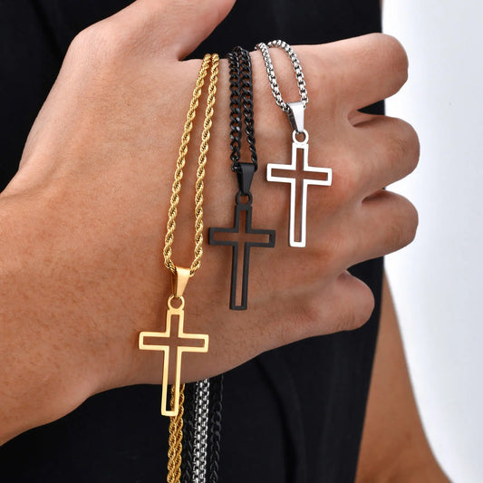 Casual Hollow Cross Necklaces for Men and Boys - Waterproof Stainless Steel Pendant Jewelry