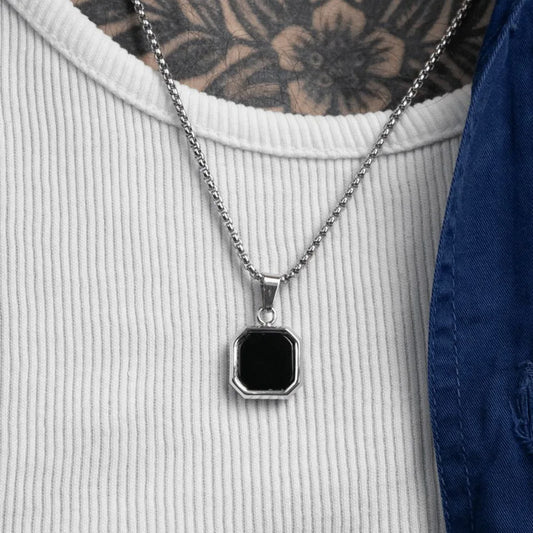 Stylish Men's Black Enamel Necklaces - Stainless Steel Geometric Square Pendant Jewelry