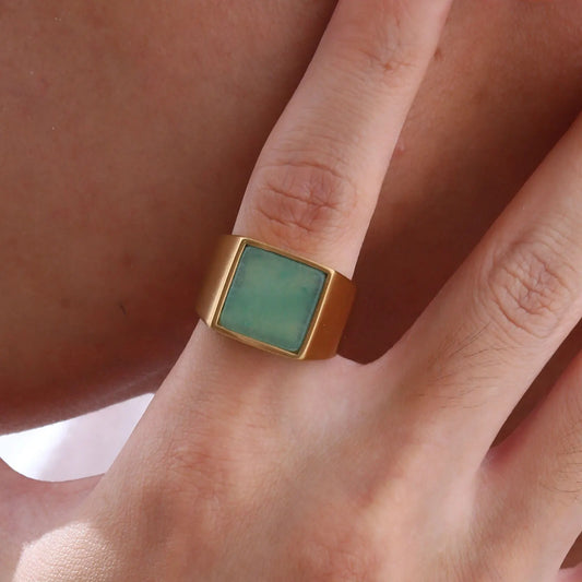 Natural Green Stone Ring for Men and Boys - Stylish Gold Color Stainless Steel Punk Ring