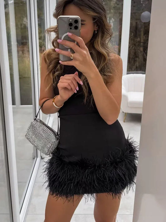 TFMLN 2024 Elegant Women Feathers Mini Dress