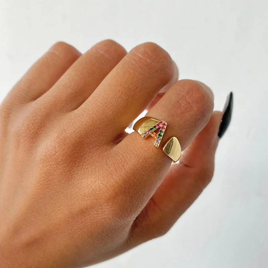 Rainbow Zircon Letter Rings - Stylish A-Z Chunky Wide Stainless Steel Jewelry for Women