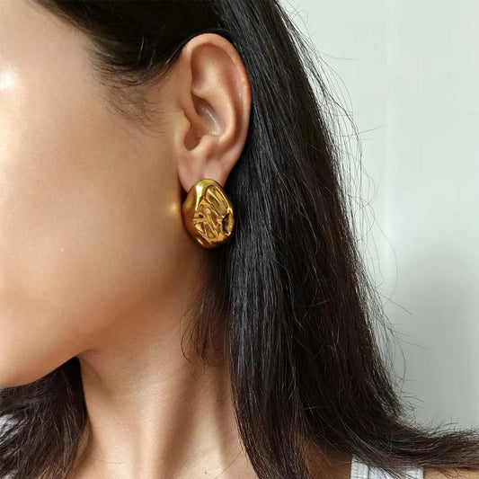 Vintage Gold Color Irregular Hammered Stud Earrings for Women - Minimalist Metal Geometric Jewelry Gift