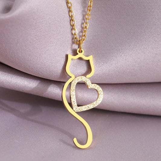 Trendy Heart Cat Pendant Stainless Steel Necklace - Cute Choker for Women