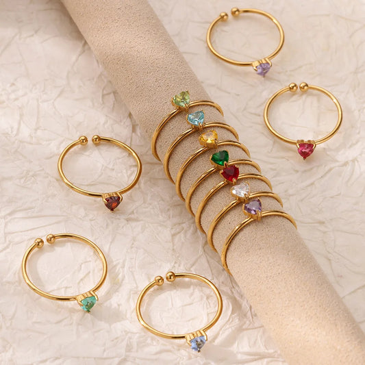 Zircon Heart Birthstone Rings for Women - Adjustable Gold Color Stainless Steel Wedding Jewelry Gift