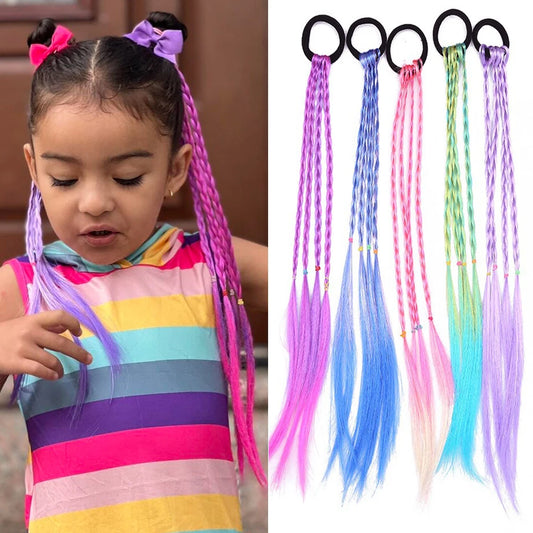 Colorful Synthetic Kids Ponytail Wigs with Headbands and Rubber Bands